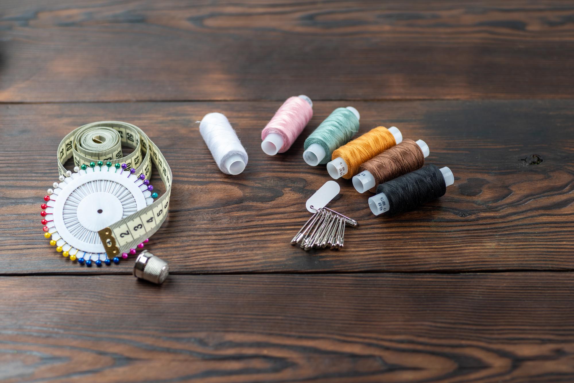 Workshop table with embroidery tools